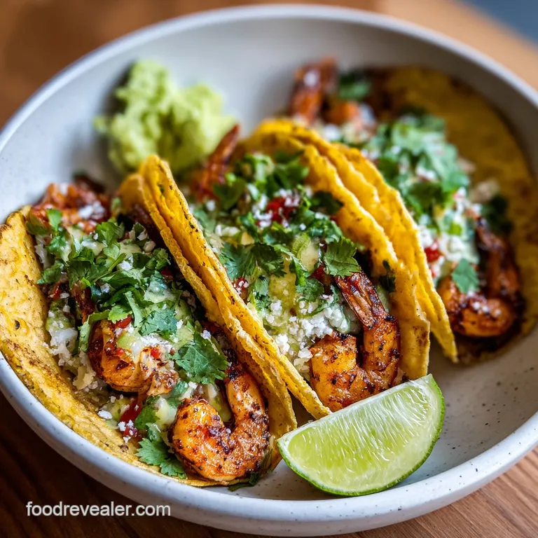 Three perfectly assembled shrimp tacos, glistening with lime, resting elegantly on a white ceramic plate with a side of slaw.