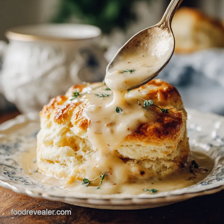 A rustic white plate showcasing two perfectly baked biscuits smothered in rich, savory gravy, garnished with herbs.