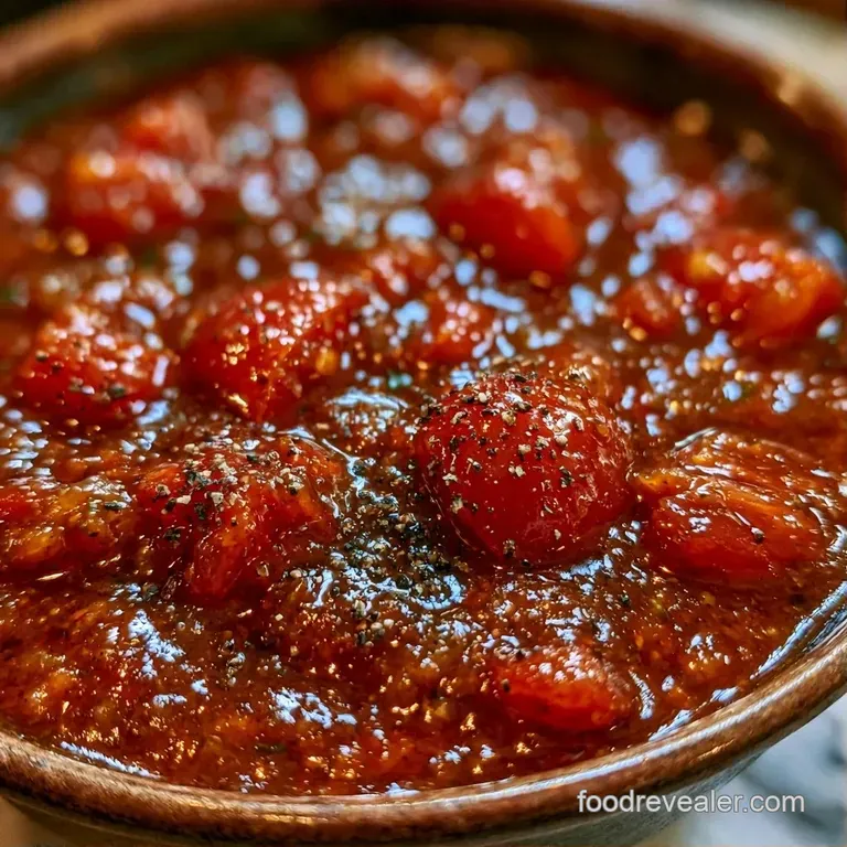 Thick red sauce draped over fluffy, golden-brown buttermilk biscuits on a matte blue plate with fresh parsley.