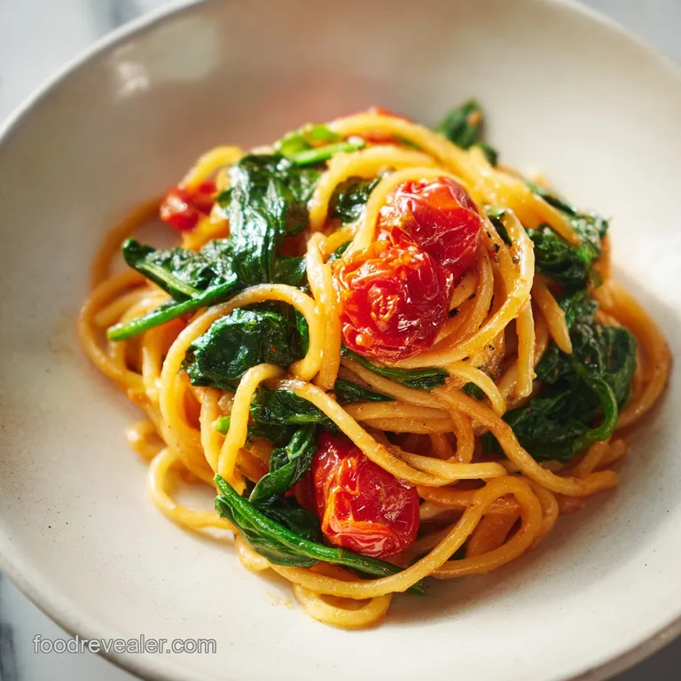 Elegant plate of pasta: Deep red tomato sauce clings to spinach-flecked noodles. Grated cheese adds a delicate, enticing f...