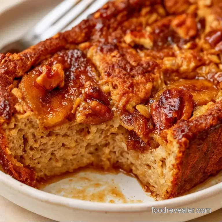 A slice of warm, cake-like oats served with a dollop of creamy yogurt and a sprinkle of toasted walnuts on top