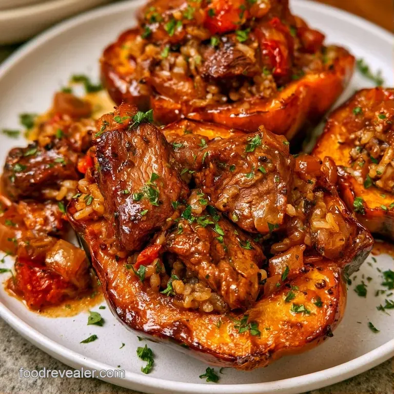 Golden-brown roasted squash halves filled with savory beef, garnished with fresh parsley on a white marble surface.