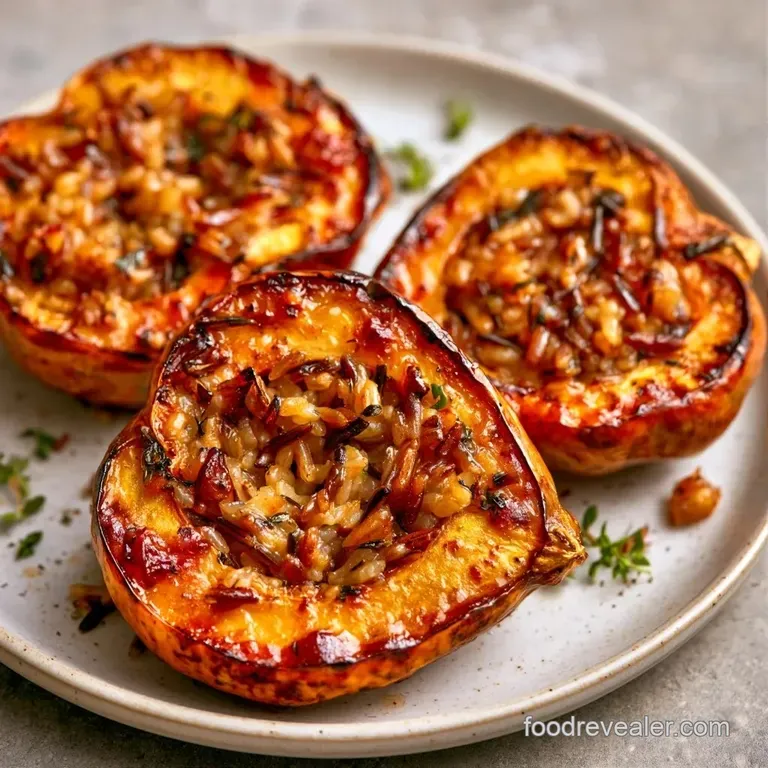 Two roasted squash bowls arranged on a matte plate with a sprig of fresh parsley and a drizzle of maple syrup.