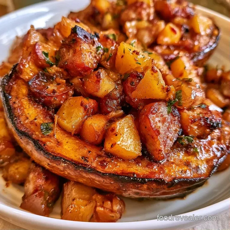 Warm, oven-roasted squash halves on a white ceramic plate garnished with fresh parsley and a drizzle of glaze.