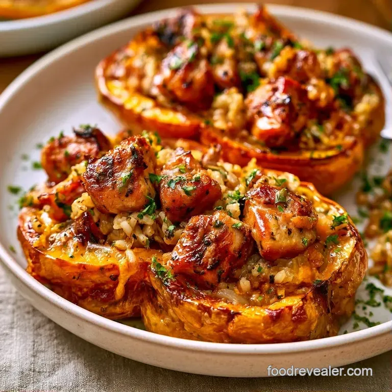 Six roasted orange squash halves arranged on a rustic platter with toasted walnuts and a drizzle of maple syrup.