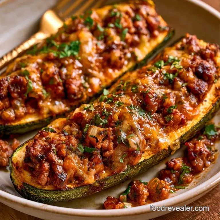 Roasted green squash halves filled with savory meat and melted cheese, plated elegantly on a minimalist white dish.