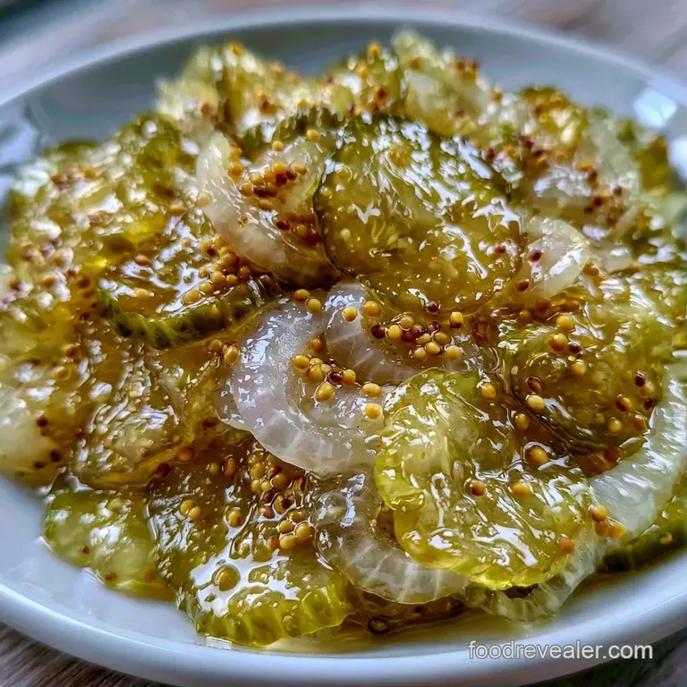 Vibrant yellow-green cucumber rounds piled high in a white bowl, glistening with a sweet, syrupy vinegar glaze.