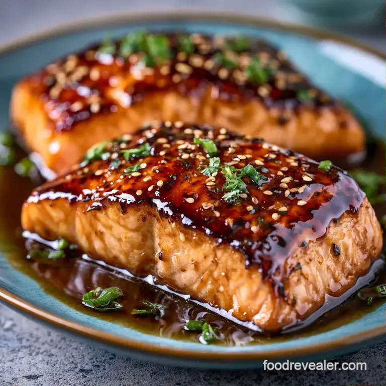 A glistening salmon fillet atop a bed of steamed asparagus, drizzled with a rich, amber-colored sugary glaze.