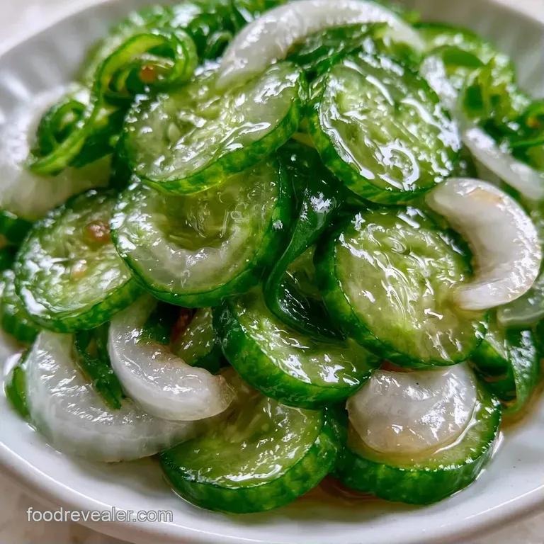 Thin, vibrant green cucumber rounds and slivers of red onion arranged artfully on a clean white ceramic platter.