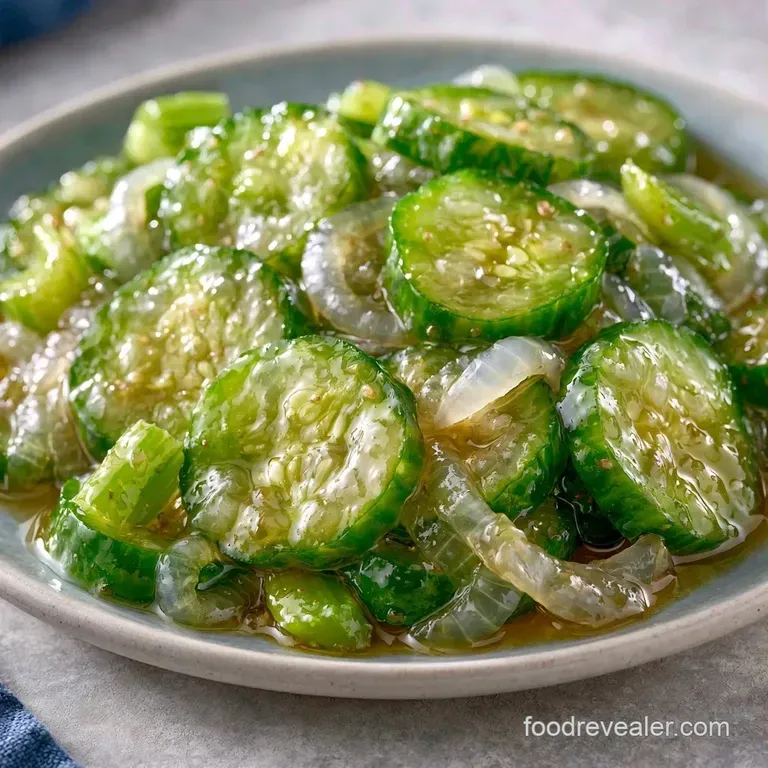 A wooden board featuring crisp, translucent cucumber slices in a bowl beside a vintage glass jar of golden brine.