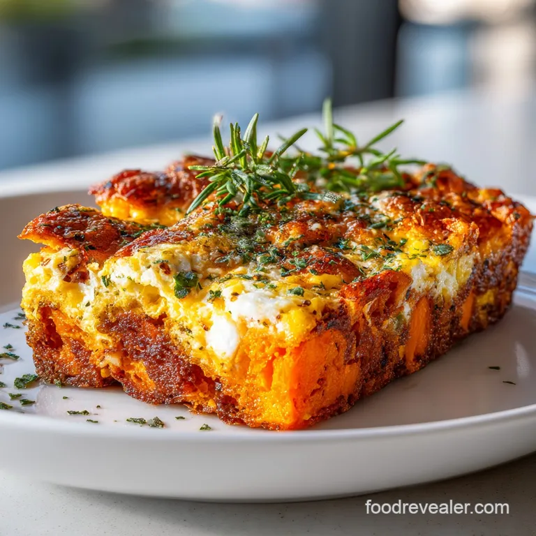Individual slice of egg casserole showing layers of soft potato and fluffy egg, garnished with a sprig of fresh rosemary o...