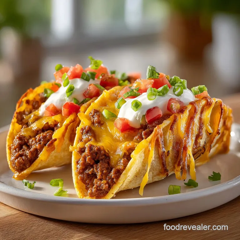 Three large pasta shells filled with spiced taco meat and cream cheese, topped with melted cheddar and green onions on a w...