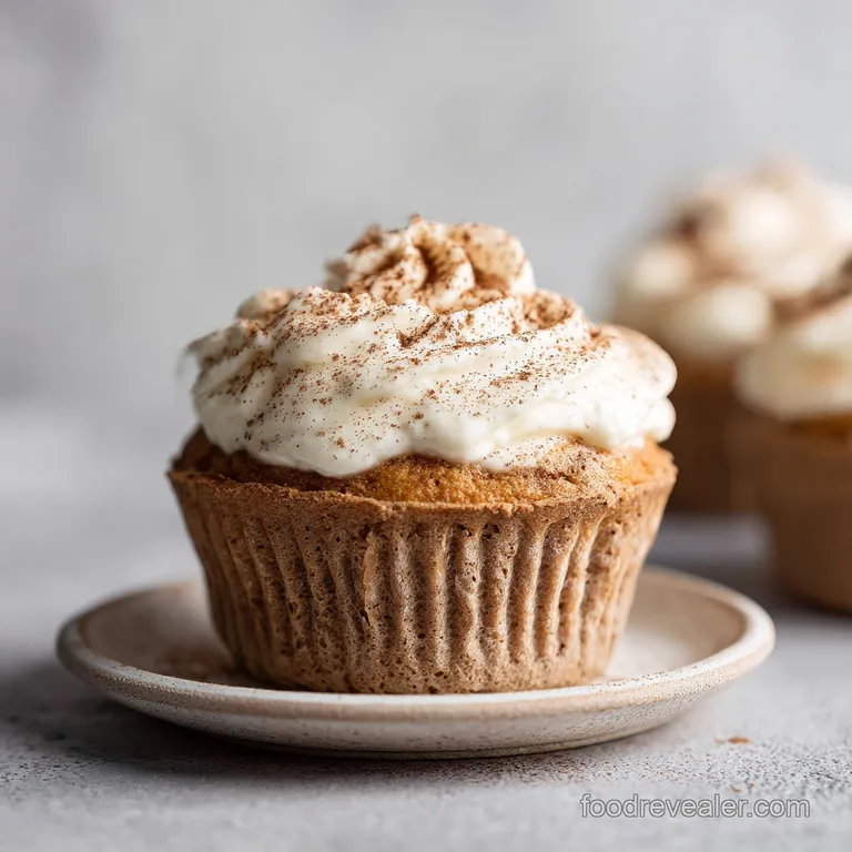 Elegant tiramisu cupcake on a white plate. Soft, creamy layers visible, dusted with cocoa. Looks rich and decadent.