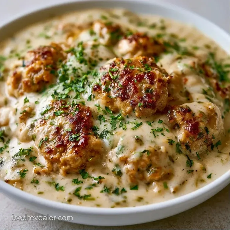 Thick, velvety beige sauce poured over golden toasted biscuits and topped with a sprinkle of fresh green parsley.