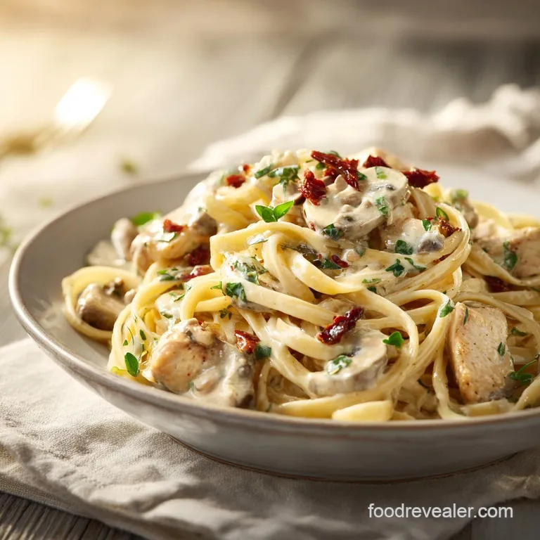 Plated creamy Tuscan chicken pasta, garnished with fresh basil; steam rises, inviting warmth and savory aroma.