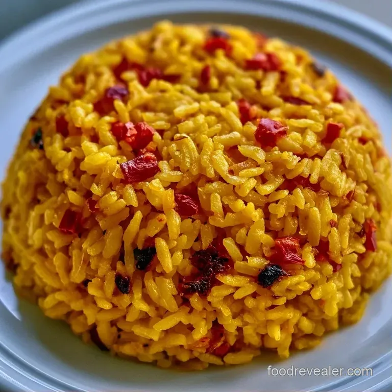 Elegant serving of yellow saffron rice topped with roasted vegetables and lemon wedges on a white ceramic plate.