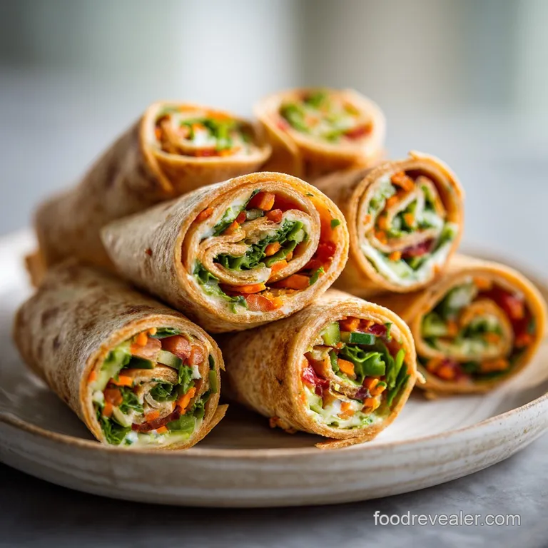 A stack of verdant green tortilla roll-ups with colorful vegetable spirals, propped elegantly on a patterned ceramic plate...