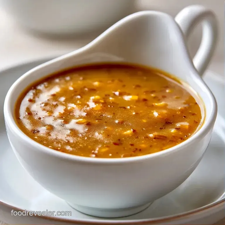 Glossy brown gravy fills a white sauce boat, garnished with parsley and framed by golden roasted vegetables