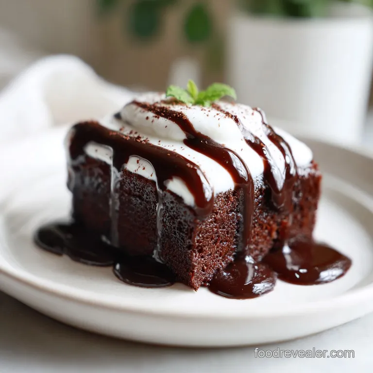 A glossy, dark brownie square topped with a dusting of cocoa powder, resting on a white plate; a study in minimalist dessert.