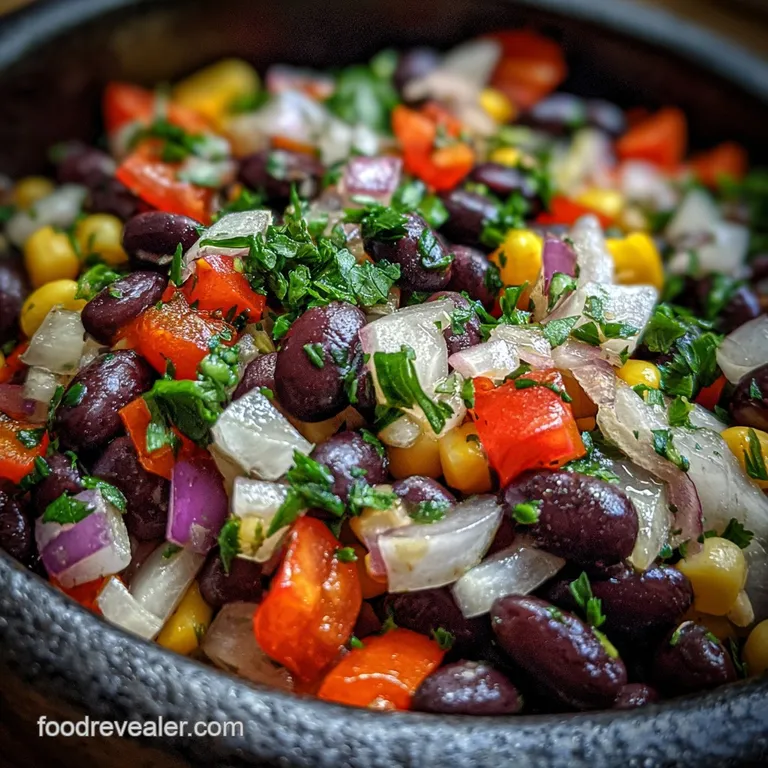 Vibrant black bean salad served in a white bowl, garnished with avocado slices and a lime wedge, radiating freshness.