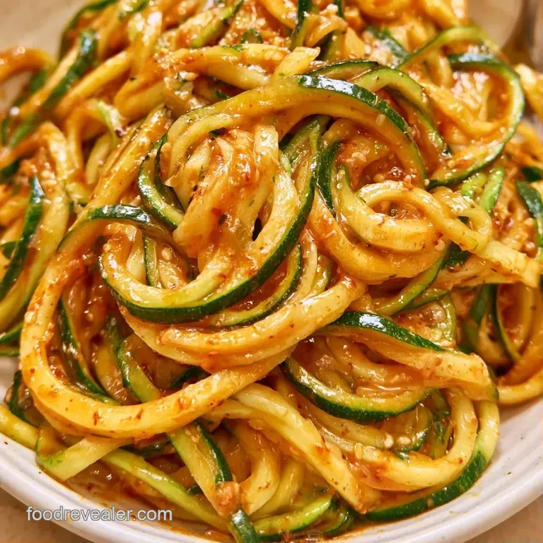 Twirled green zucchini noodles in a white ceramic bowl, garnished with red chili flakes and fresh herbs.