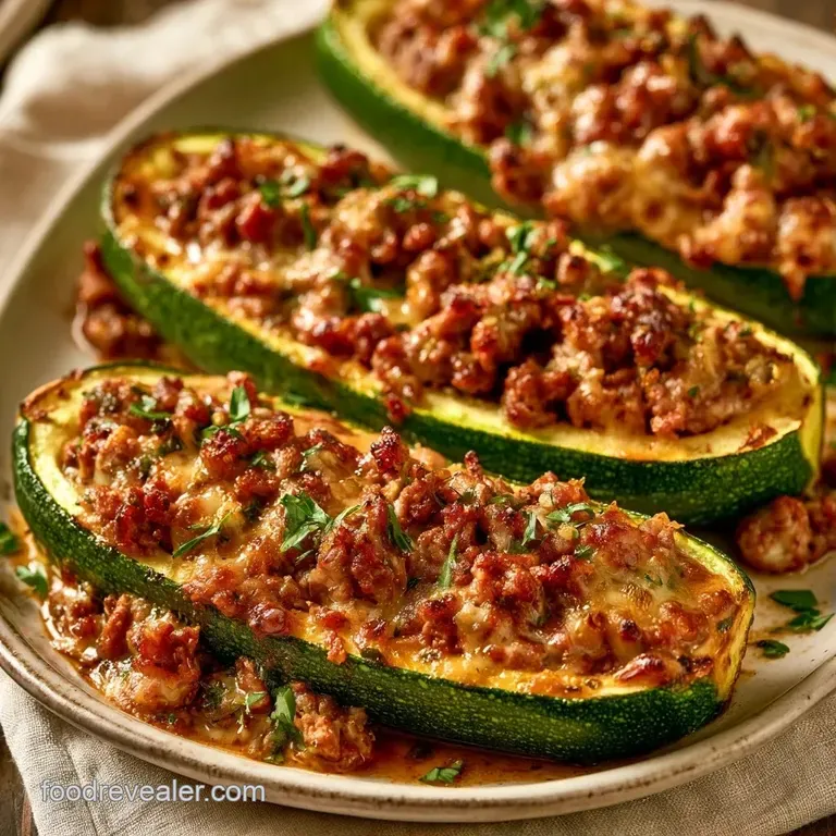 Two green zucchini halves filled with savory beef and melted mozzarella, served on a sleek matte black ceramic plate.