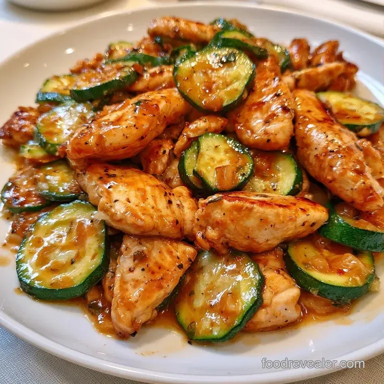 Saut&eacute;ed chicken and bright green zucchini slices served in a dark ceramic bowl with toasted sesame seed garnishes.