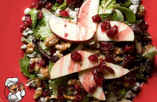 This bright and tart apple cranberry salad is the perfect way to balance out the richness of the matzo ball soup. 