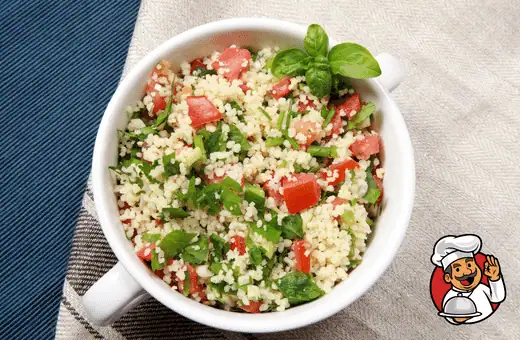 tabbouleh classic Mediterranean salad is made with chopped parsley, tomatoes, mint, bulgur wheat, and lemon juice. The bright flavors of the tabbouleh will help to cut through the richness of the baba ganoush.