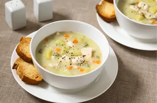 Mediterranean Chicken Soup with Crusty Bread is a simple yet flavourful soup that combines chicken, tomatoes, olives, and potatoes to create an aromatic medley of Mediterranean flavors.