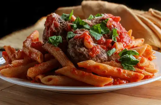 Penne All'Arrabbiata It is a classic Italian pasta dish that will tantalize your taste buds with its signature blend of tomatoes, garlic, and chili flakes and steak.