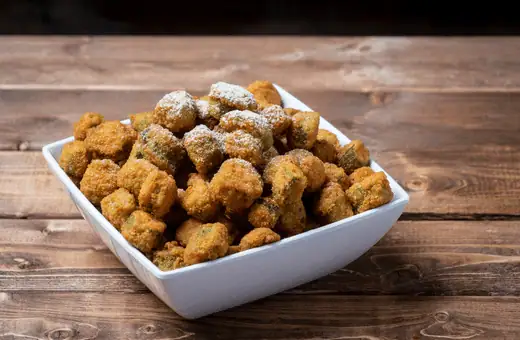 fried okra serve with potato salad and baked beans