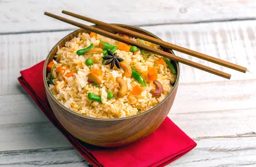 you can taste vegetable fried rice with teriyaki pineapple meatballs