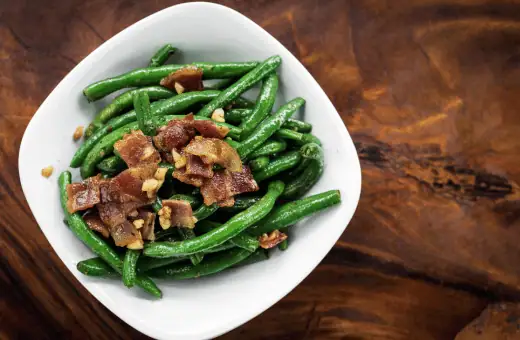 fresh green beans and bacon are an excellent side dish to pair with chicken pie