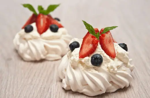 Another classic European dessert made from a crispy meringue base topped with fresh cream and red or white fruits such as strawberries, raspberries, blueberries, kiwi fruit and passionfruit.