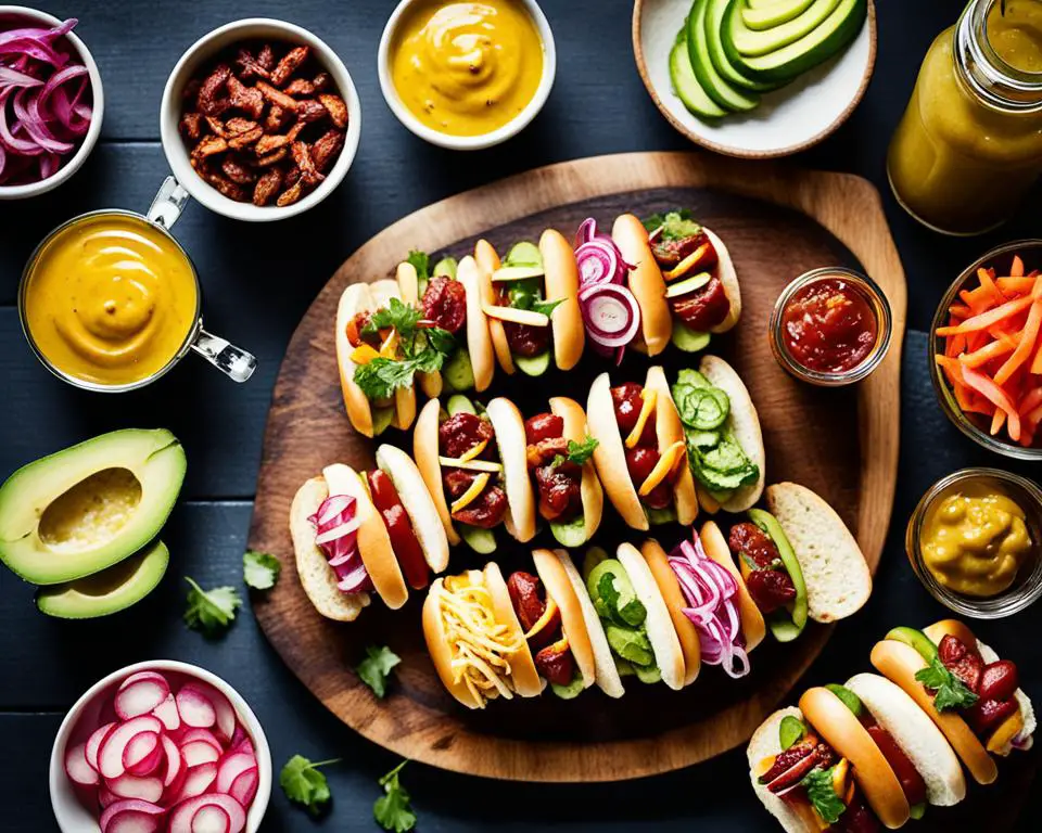 Hot dog sliders with various toppings